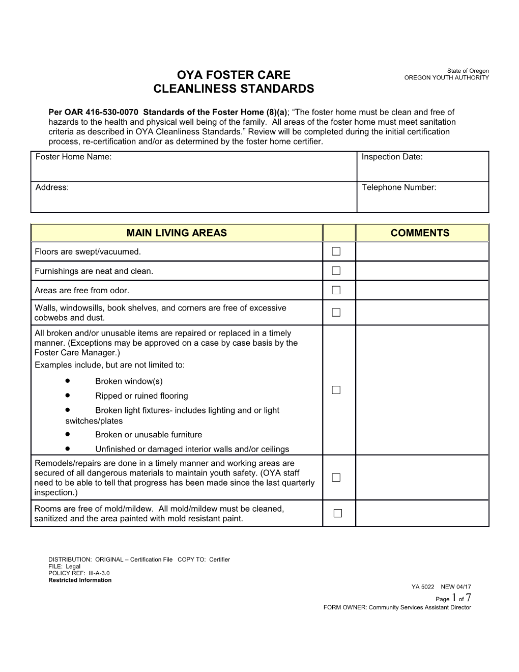 YA 5022 - Foster Care Cleanliness Standards