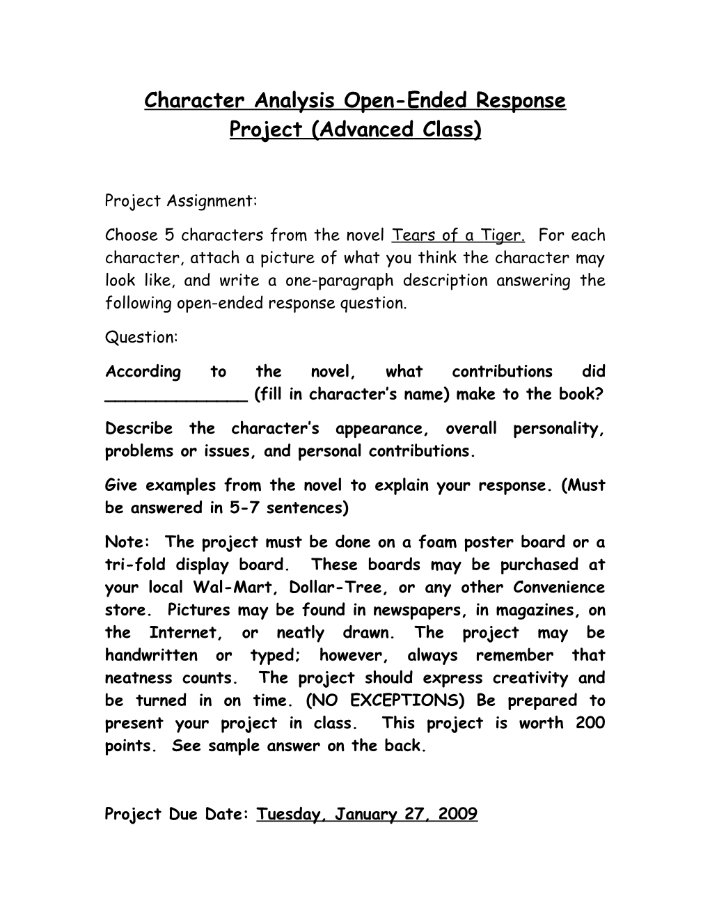 Character Analysis Open-Ended Response Project (Advanced Class)