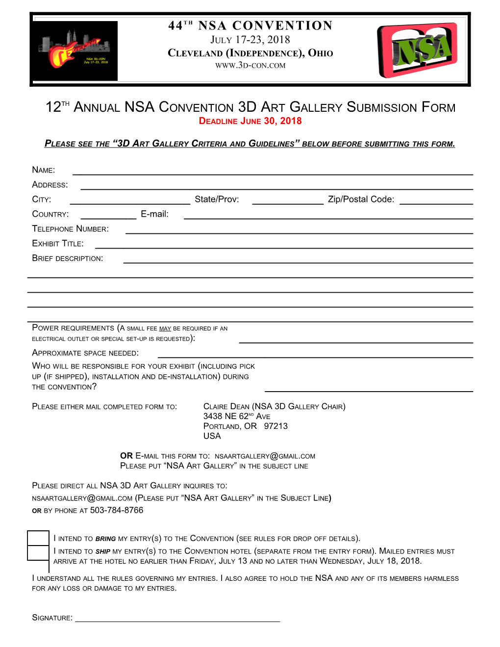 12Th Annual NSA Convention 3D Art Gallery Submission Form