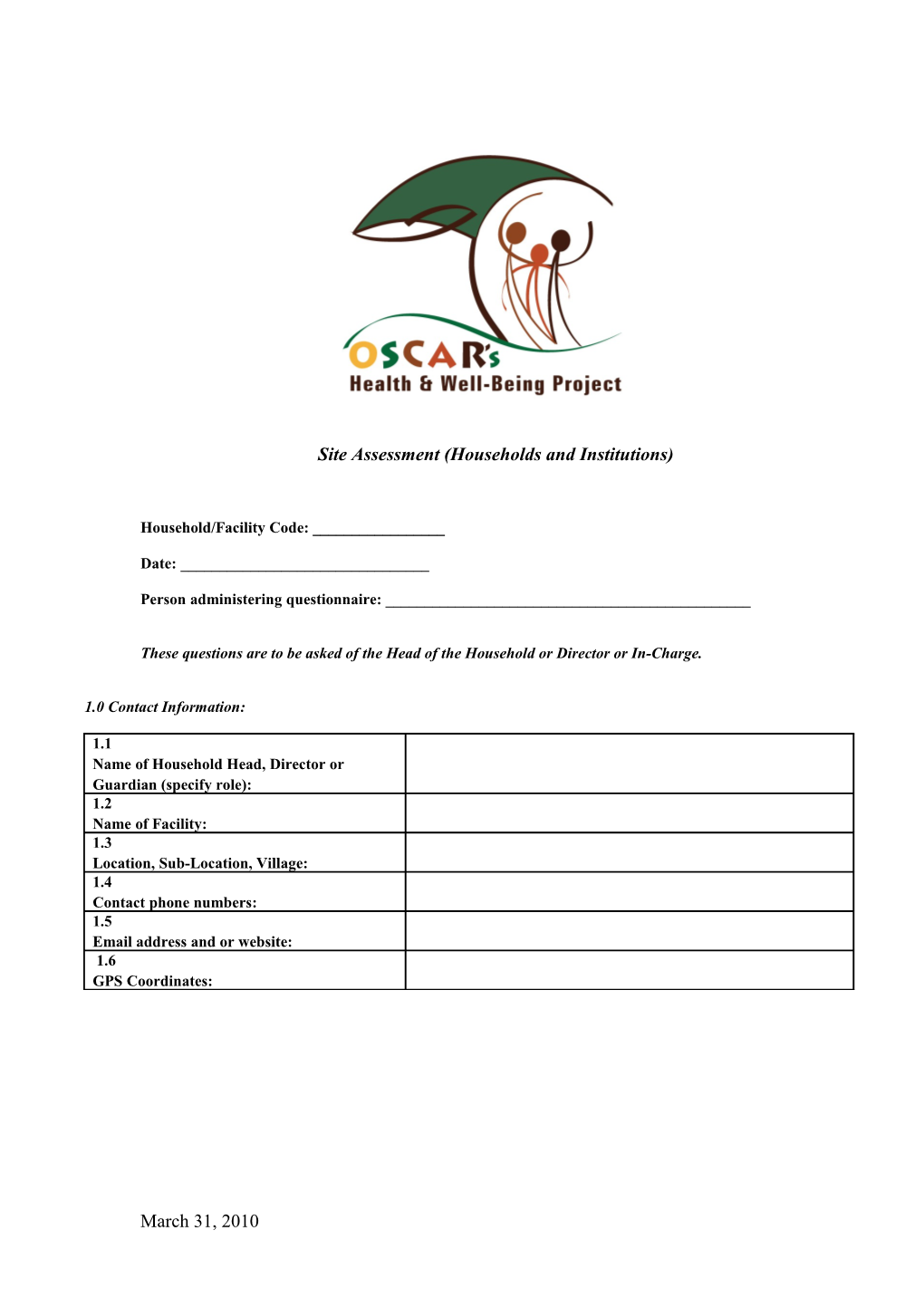 Draft Site Assessment Care Environments of Orphaned Children