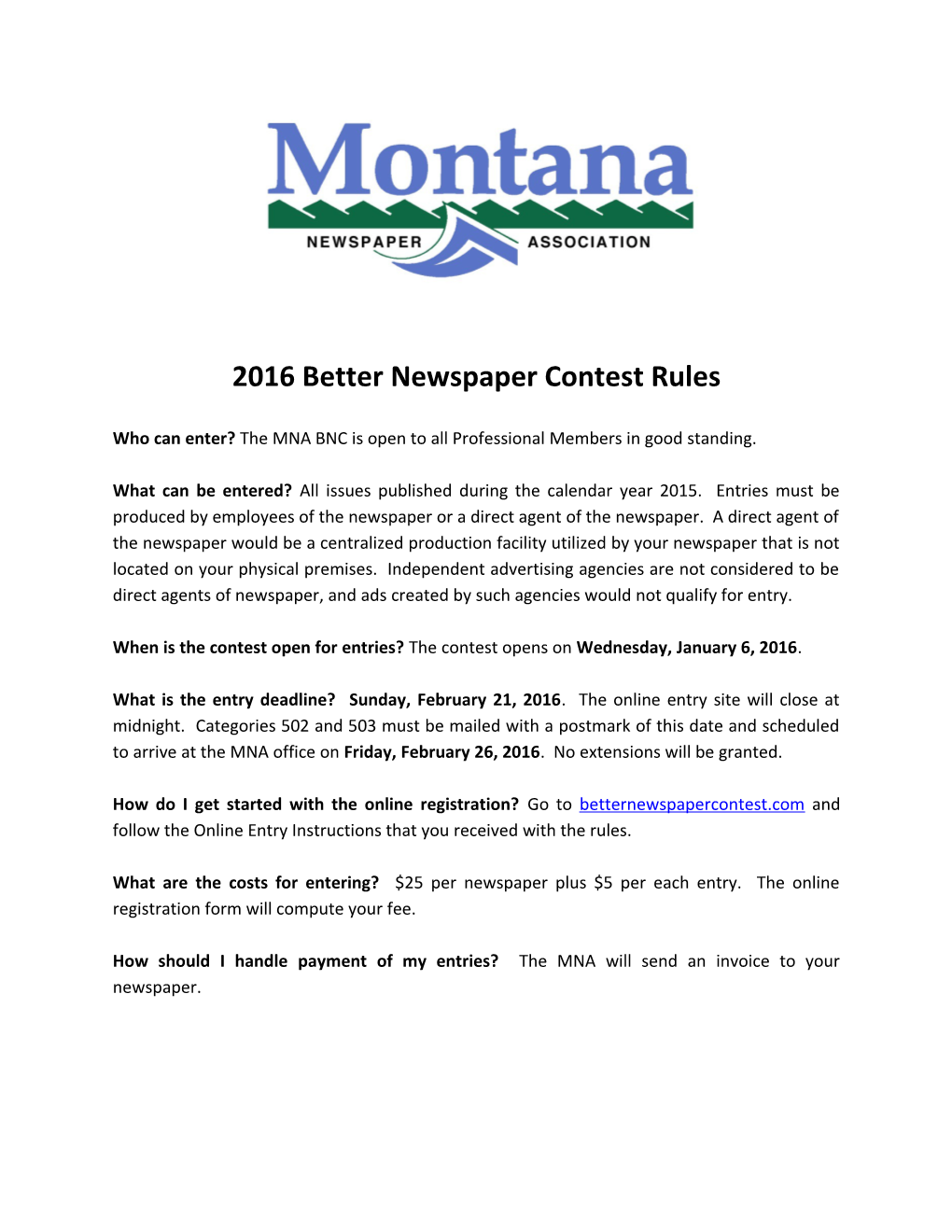 2016 Better Newspaper Contest Rules