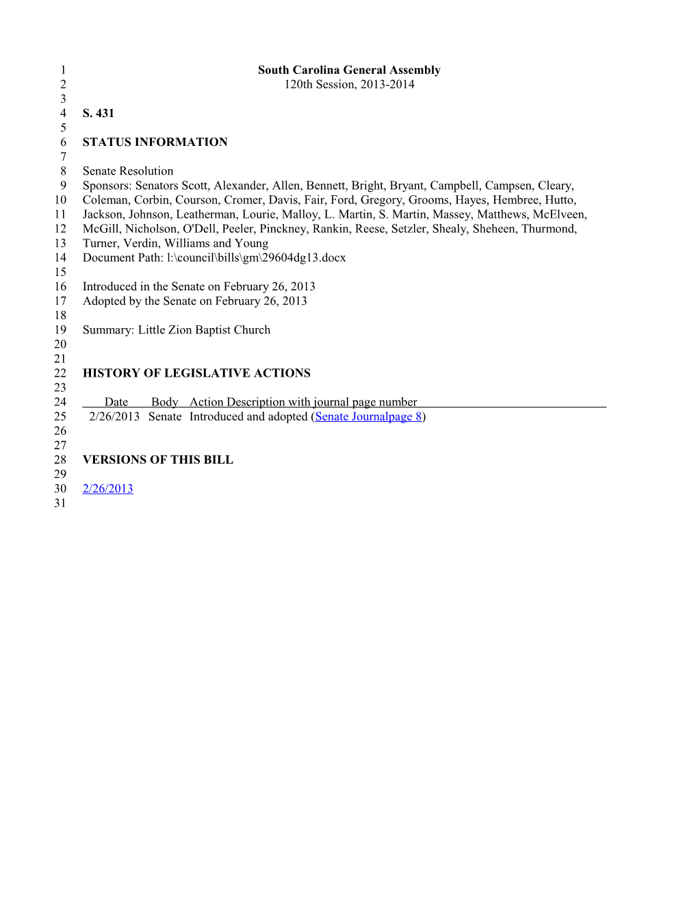 2013-2014 Bill 431: Little Zion Baptist Church - South Carolina Legislature Online