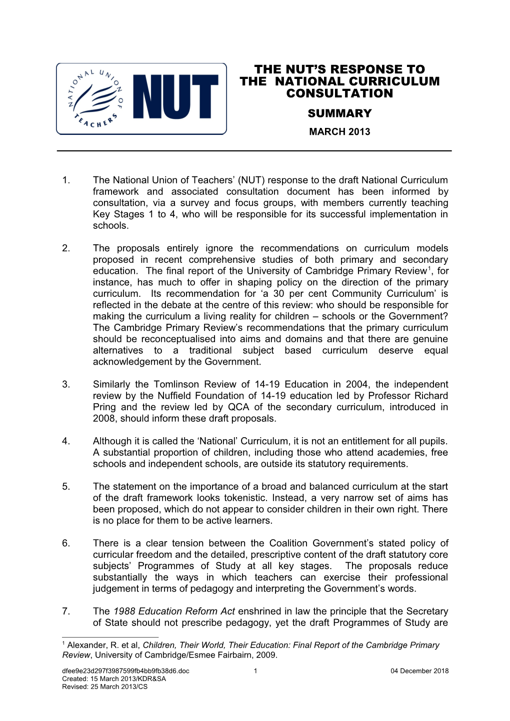 The National Union of Teachers (NUT) Response to the Draft National Curriculum Framework