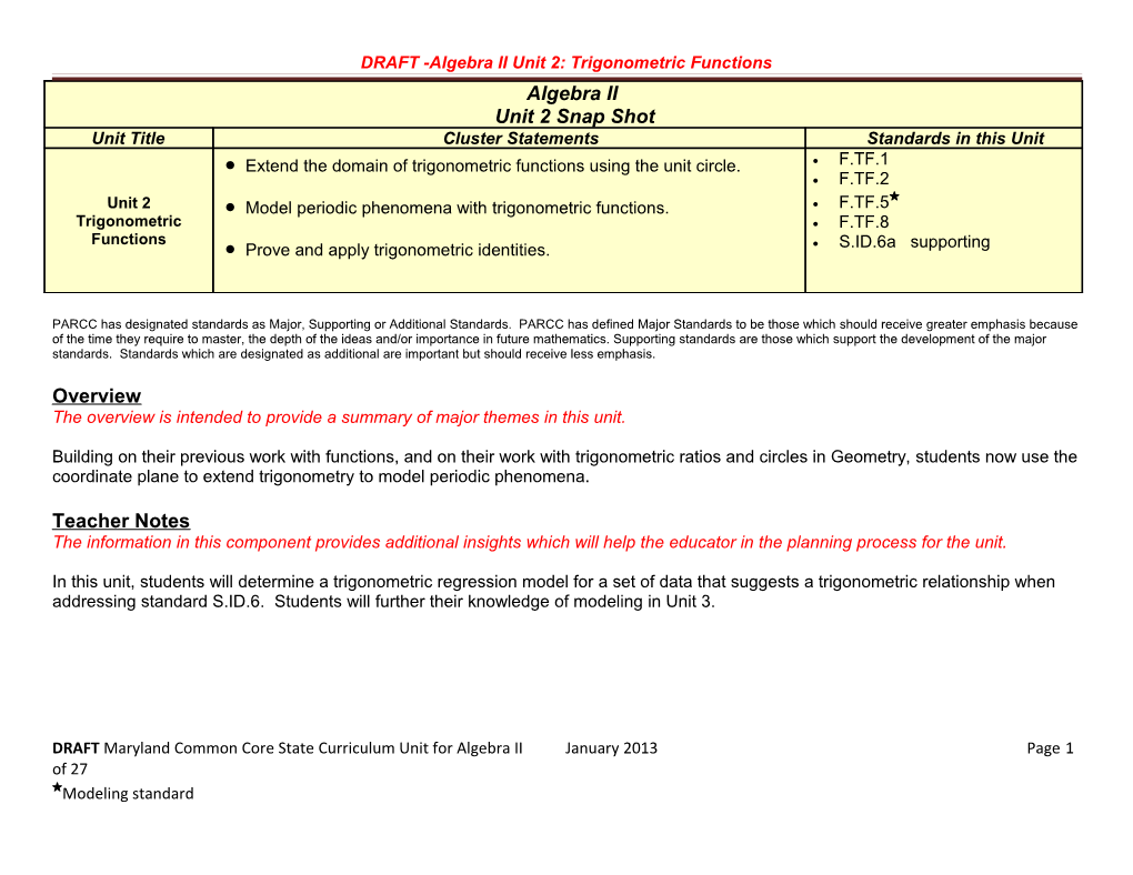 Algebra II Unit 2: Trigonometric Functions