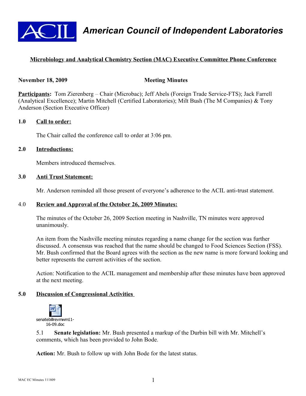 Microbiology and Analytical Chemistry Section (MAC) Executive Committee Phone Conference