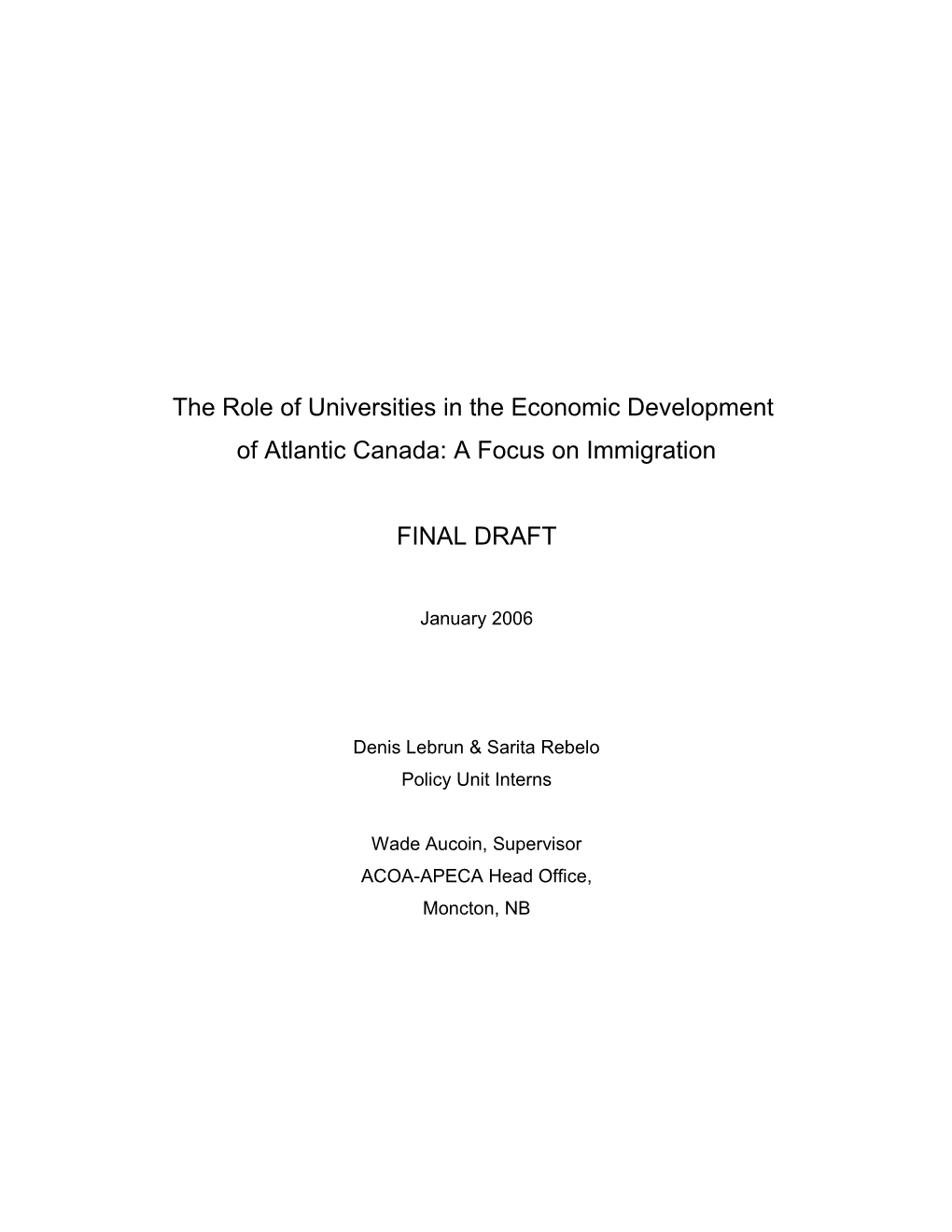 The Role of Universities in the Economic Development of Atlantic Canada: a Focus on Immigration