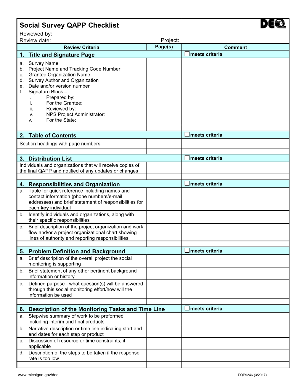 Social Monitoring Quality Assurance Project Plan Checklist