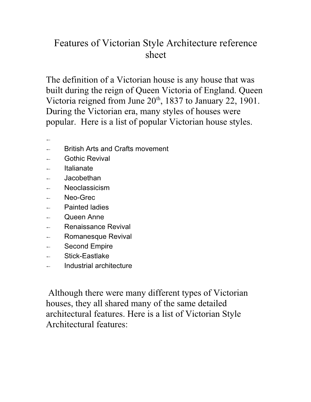 Features of Victorian Style Architecture Reference Sheet