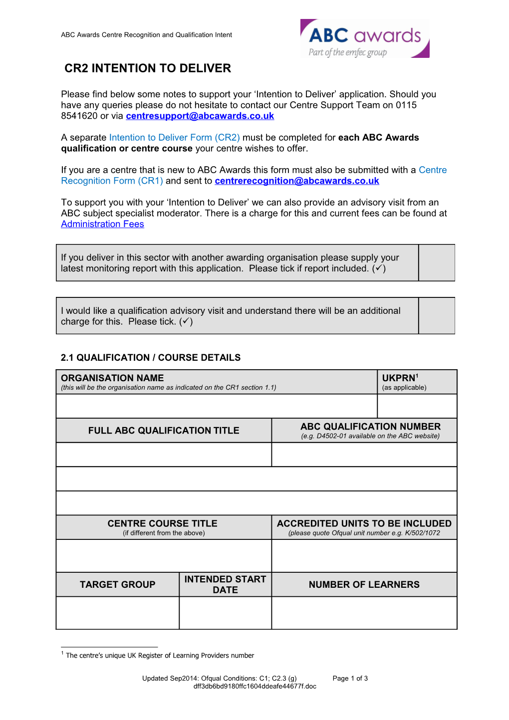 ABC Awards Centre Recognition and Qualification Intent