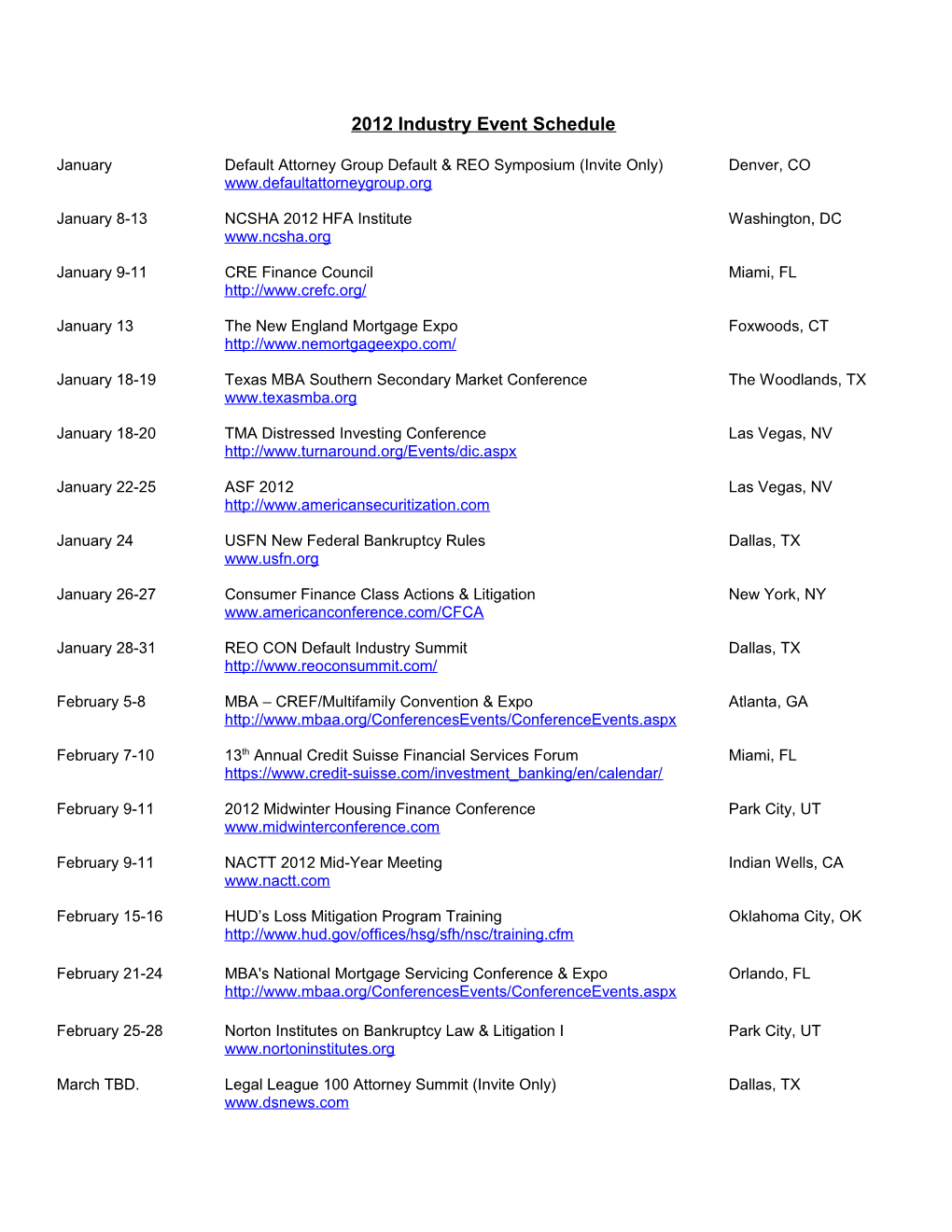 2012 Industry Event Schedule