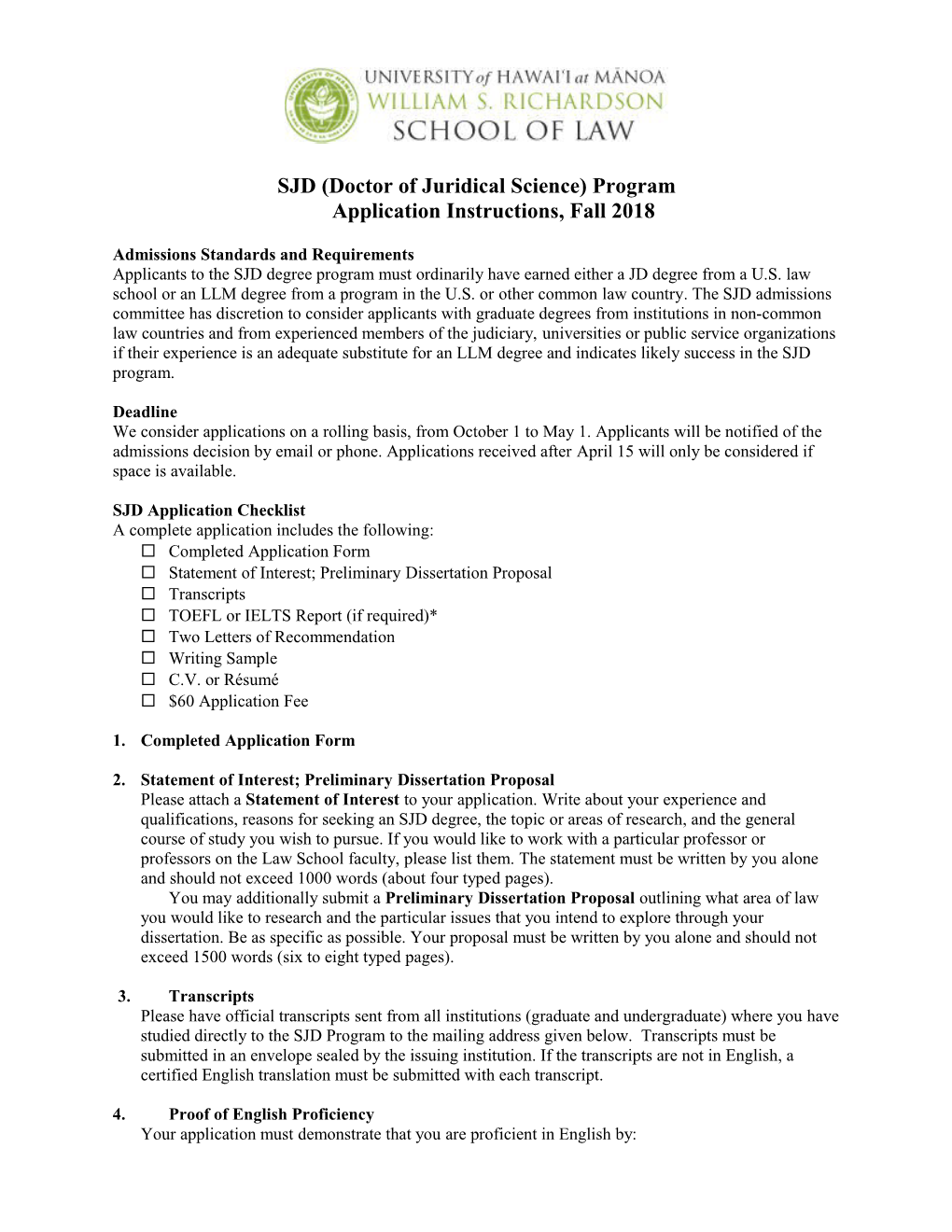 SJD (Doctor of Juridical Science) Programapplication Instructions, Fall 2018