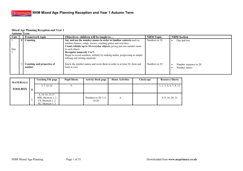 Framework Planner Reception Autumn Term Unit 1