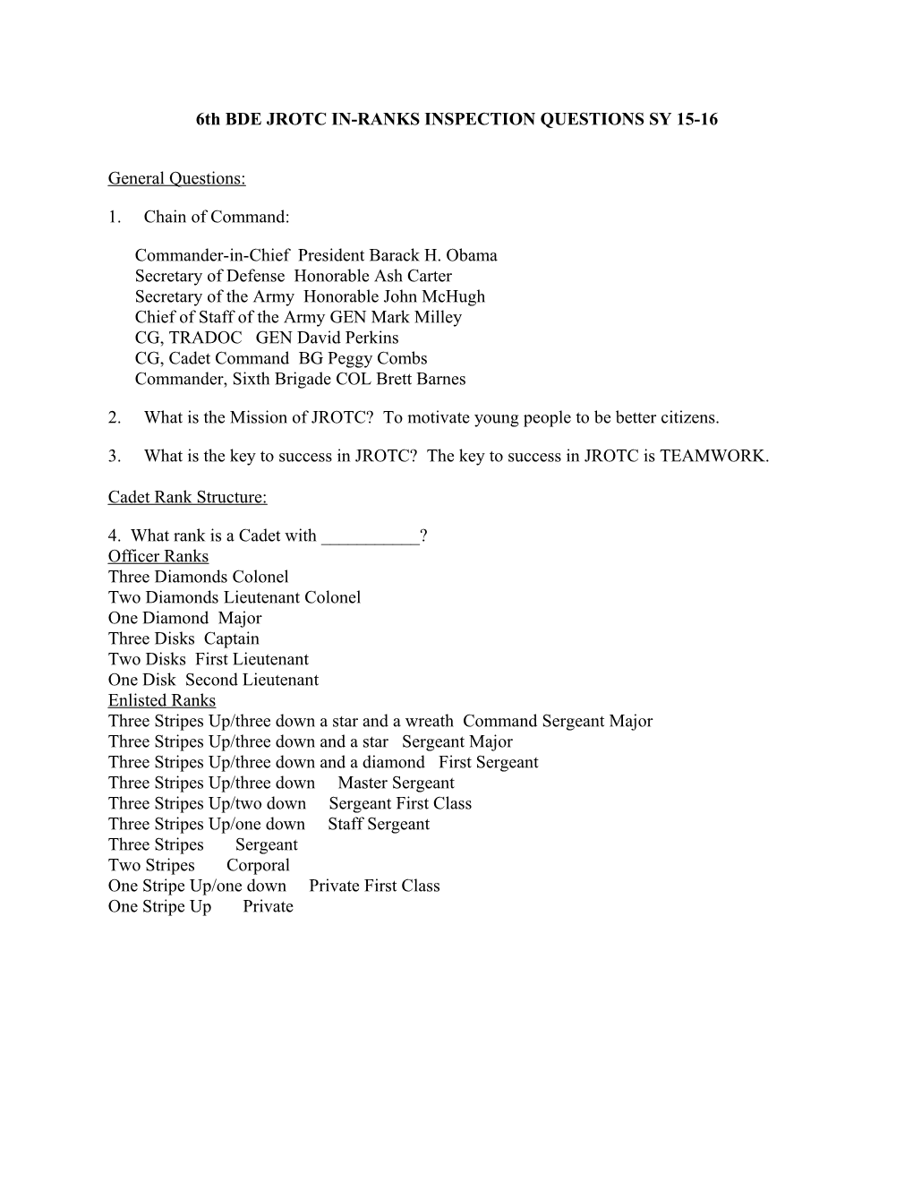 6Th BDE JROTC IN-RANKS INSPECTION QUESTIONS SY 15-16