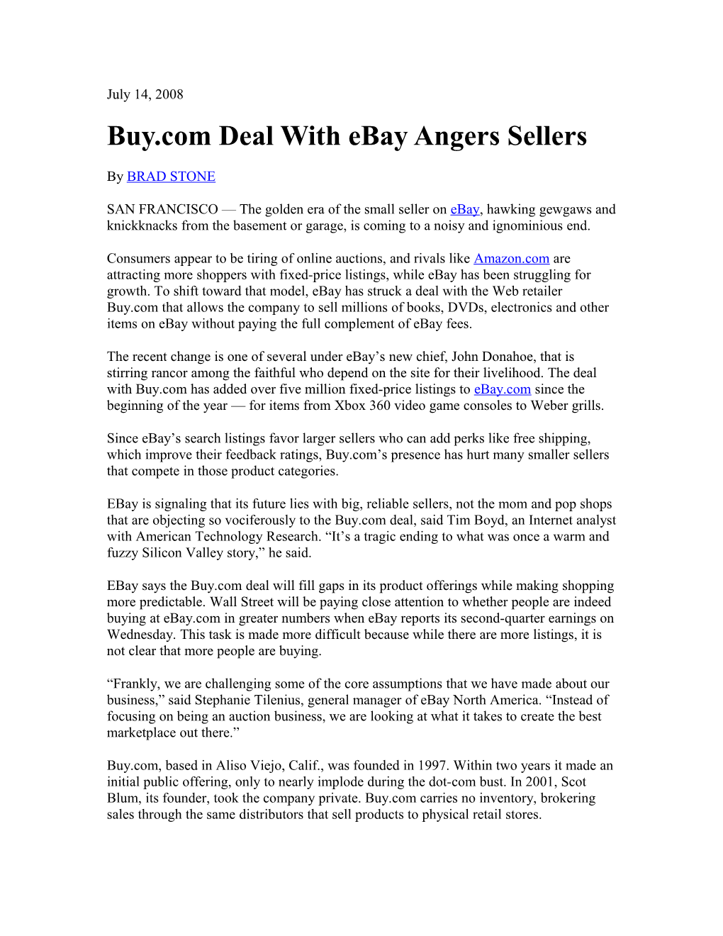 Buy.Com Deal with Ebay Angers Sellers