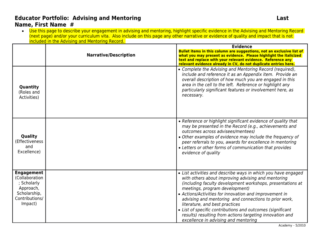 Educator Portfolio: Advising and Mentoringlast Name, First Name