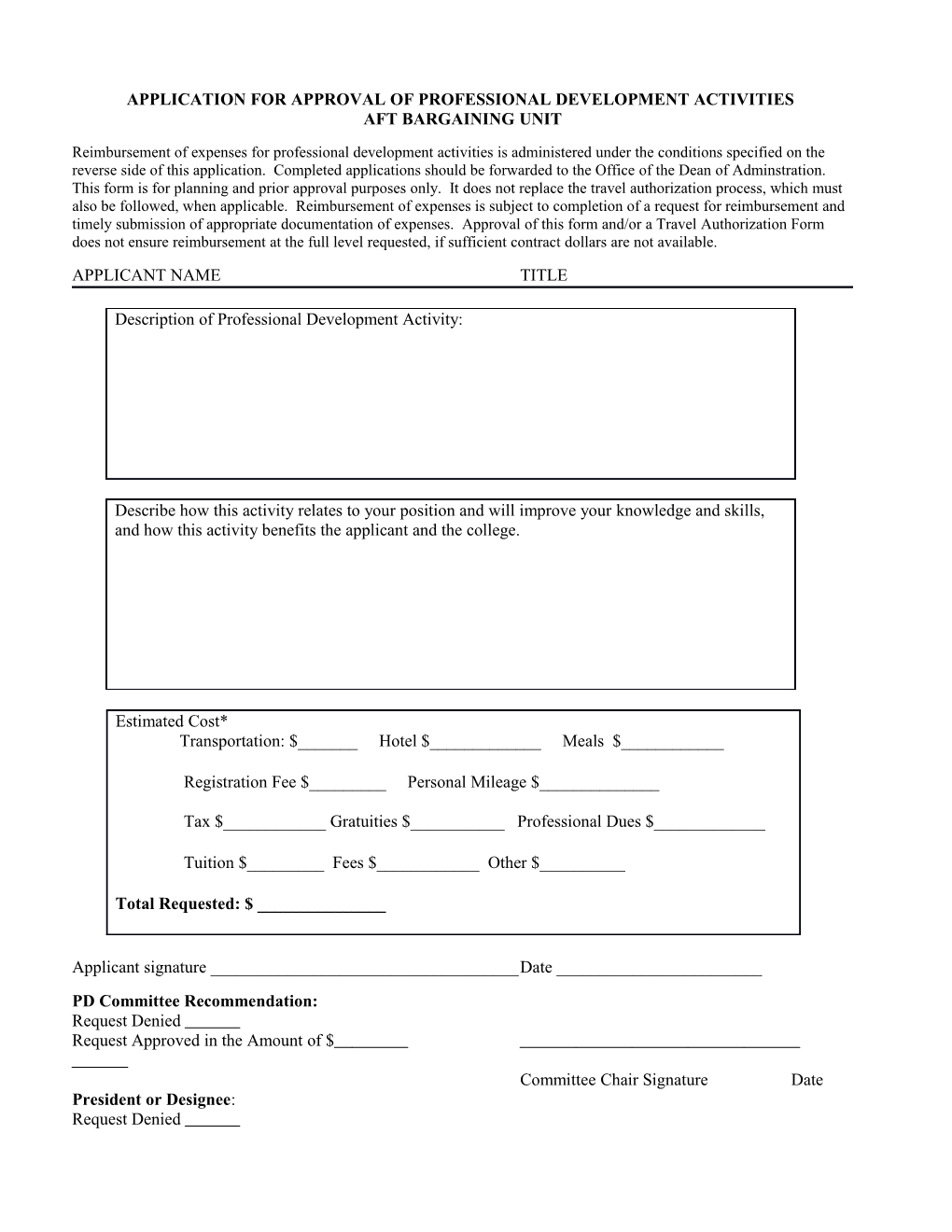 Application for Approval of Professional Development Activities