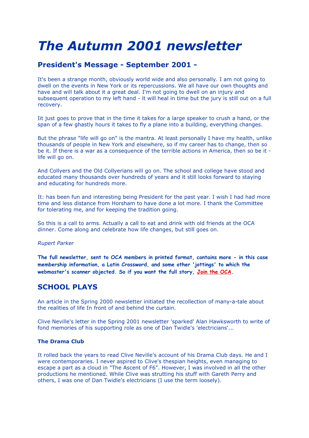 The Autumn 2001 Newsletter