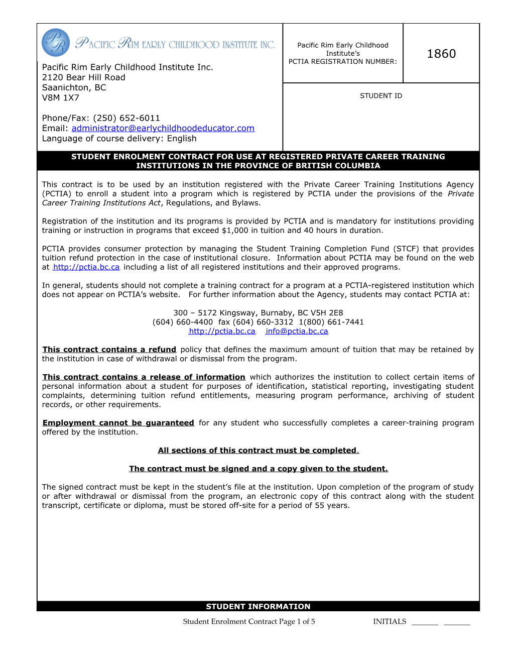 Student Enrolment Contract for Use at Registered Private Career Training Institutions In