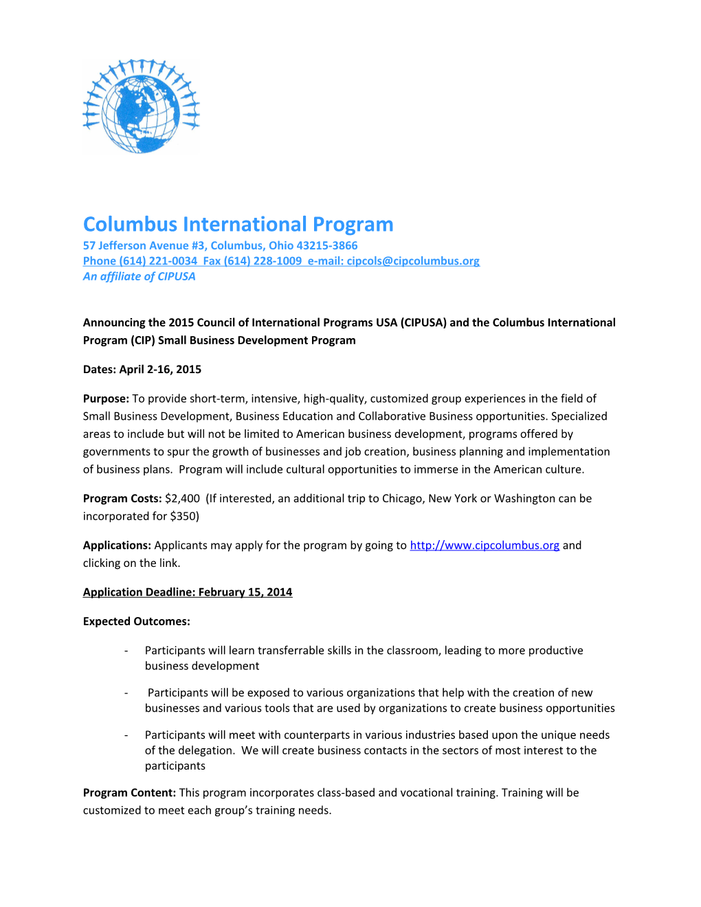 Announcing the 2015 Council of International Programs USA (CIPUSA) and the Columbus
