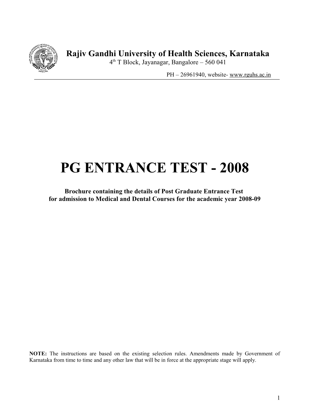 Brochure Containing the Details of Post Graduate Entrance Test