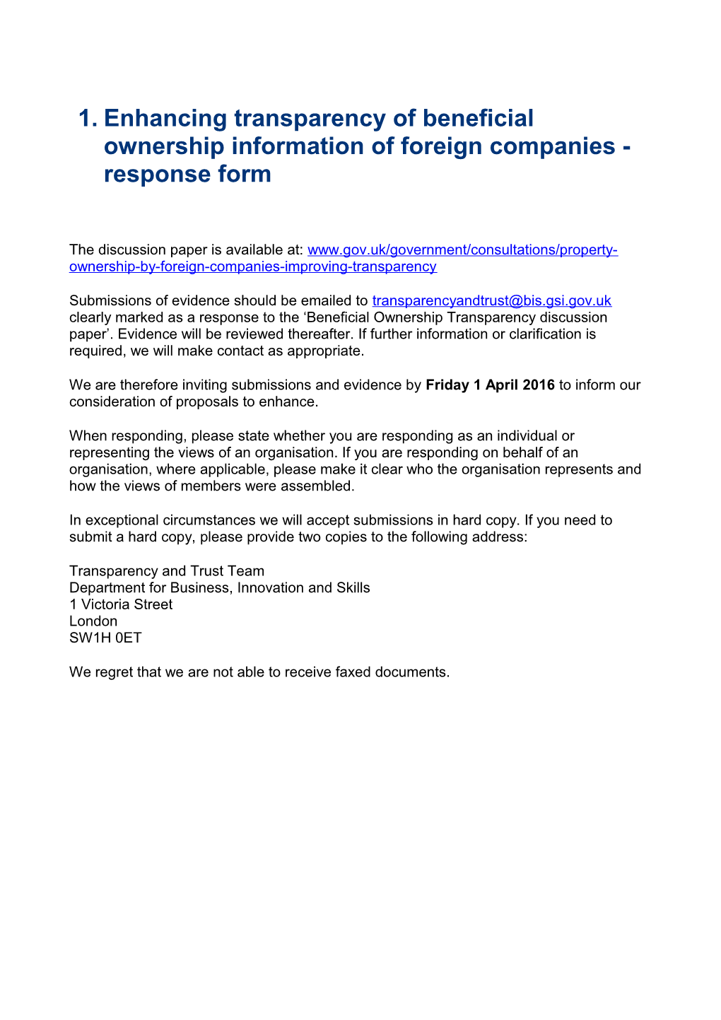 Enhancing Transparency of Beneficial Ownership Information of Foreign Companies - Response Form