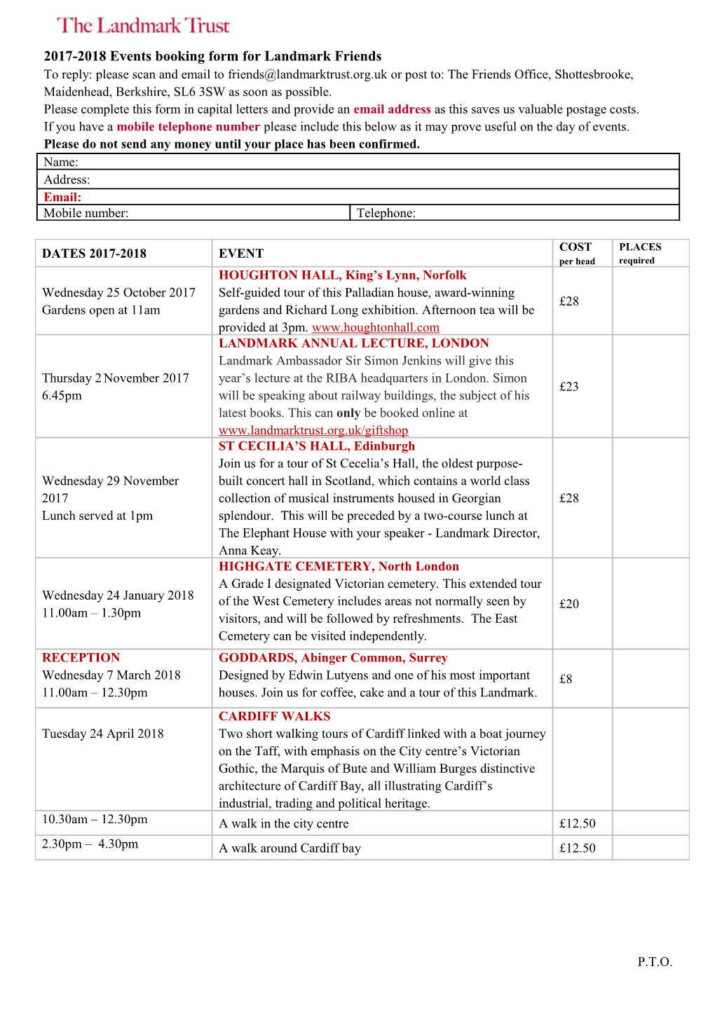 2017-2018 Events Booking Form for Landmark Friends