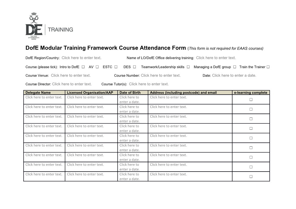 Dofe Modular Training Framework Course Attendance Form ( This Form Is Not Required For