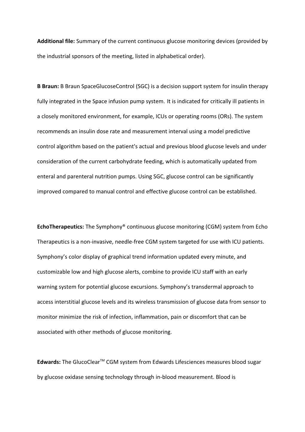 Additional File: Summary of the Current Continuous Glucose Monitoring Devices (Provided