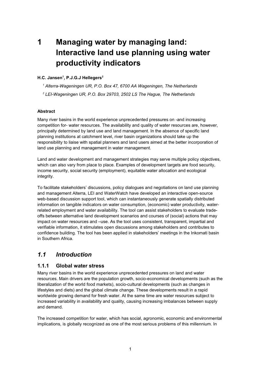 1Managing Water by Managing Land: Interactive Land Use Planning Using Water Productivity