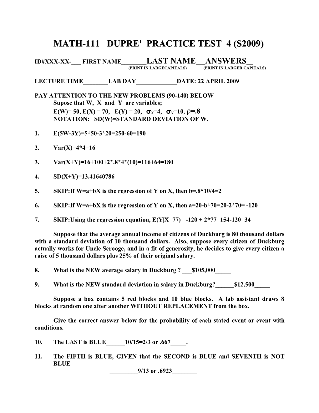 Math-111 Dupre' Practice Test 4 (S2009)