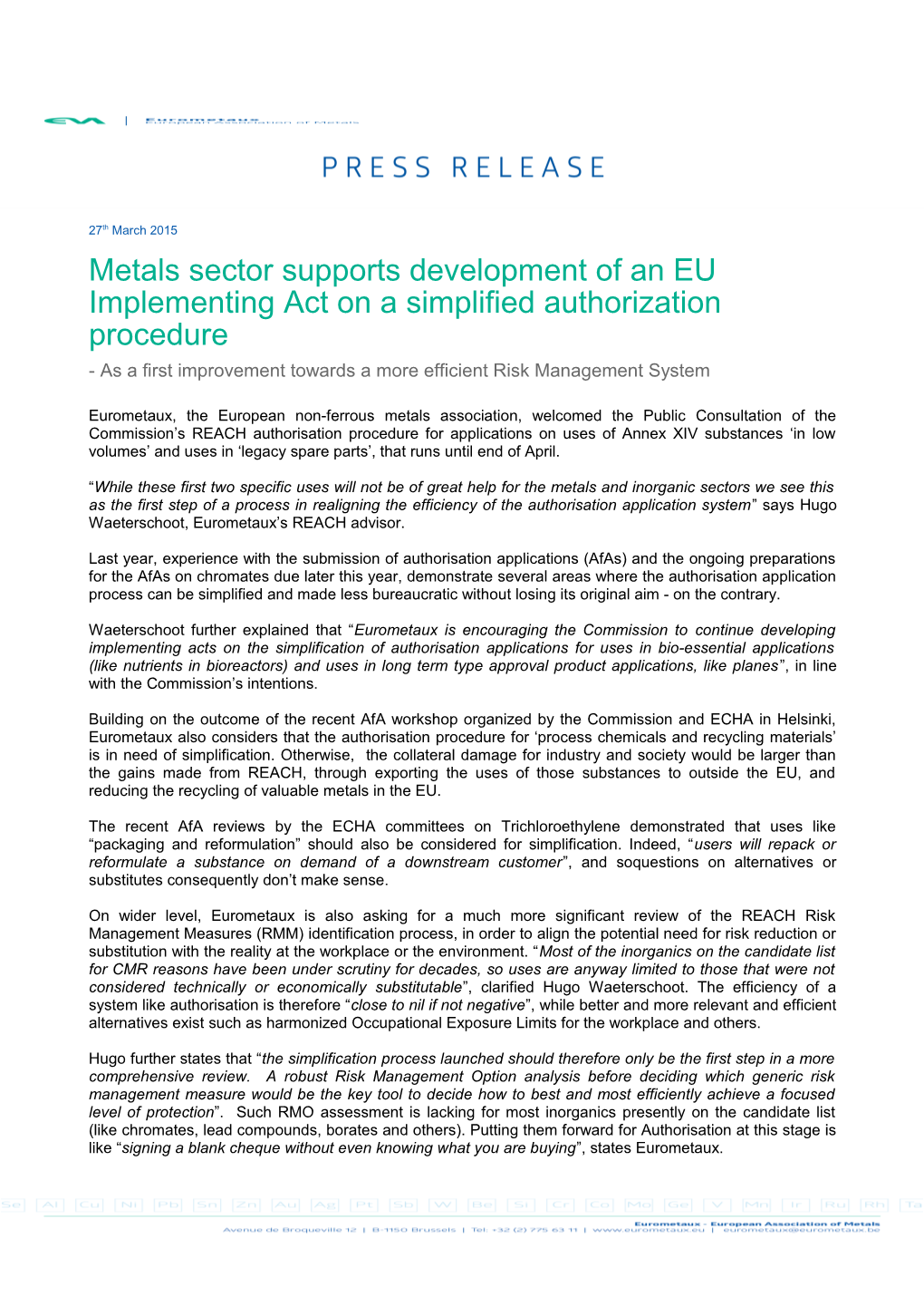 Metals Sector Supports Development of an EU Implementing Act on a Simplified Authorization