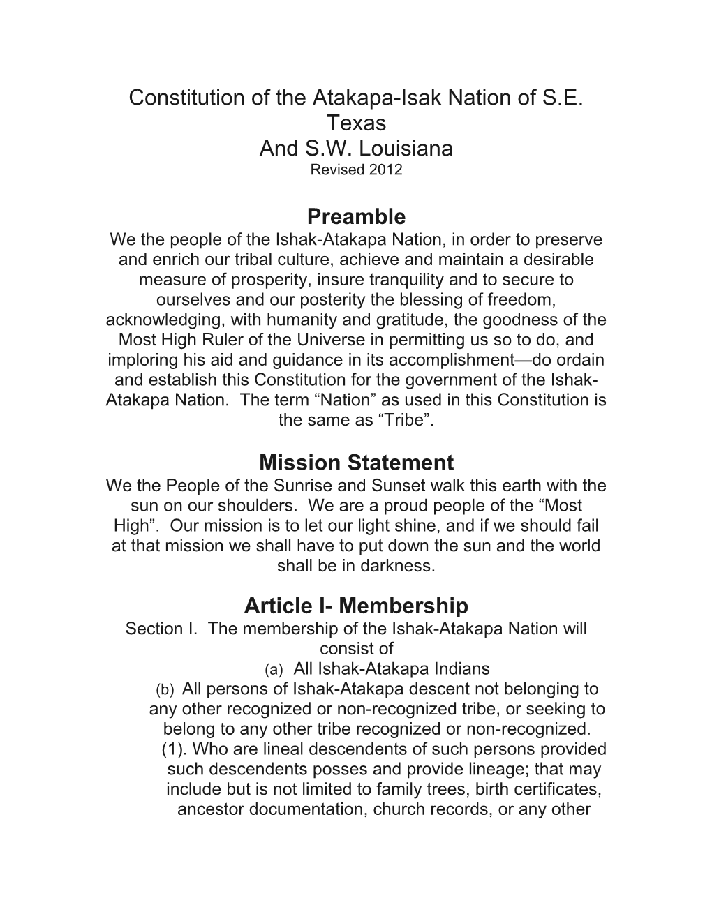 Constitution of the Atakapa-Isak Nation of S