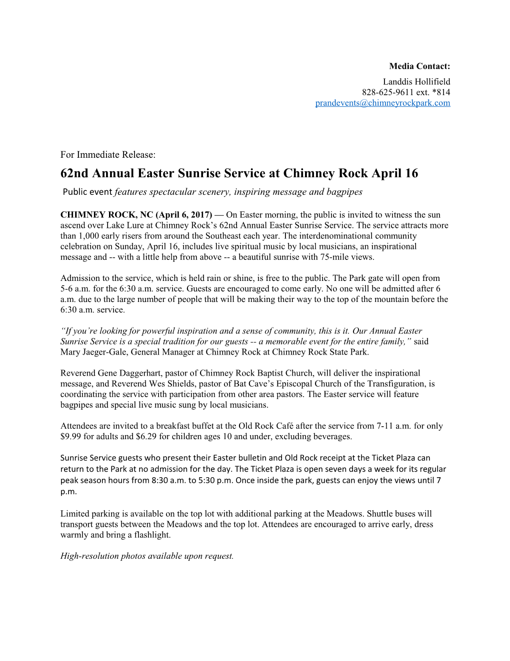 62Ndannual Easter Sunrise Service at Chimney Rock April 16