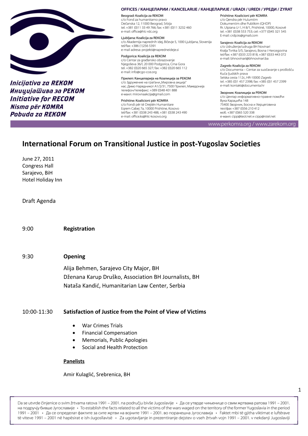International Forum on Transitional Justice in Post-Yugoslav Societies