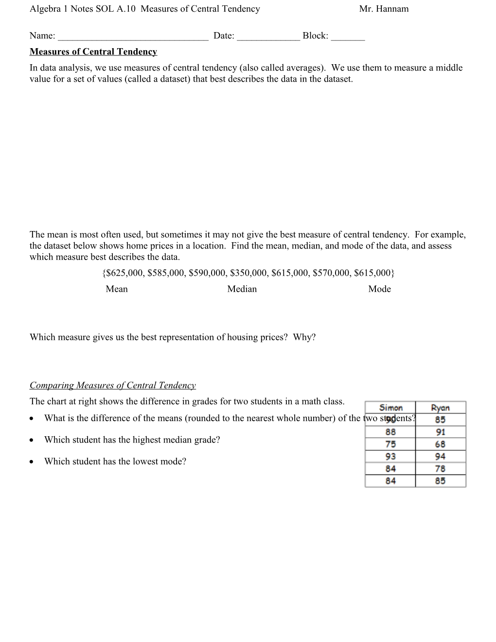 Algebra 1 Notes SOL A.10 Measures of Central Tendency Mr. Hannam Page 1