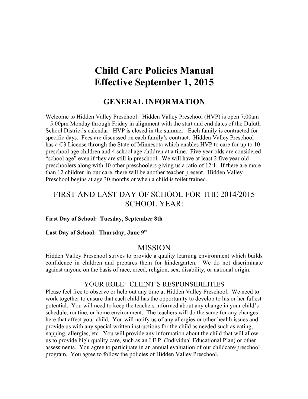 Child Care Policies Manual