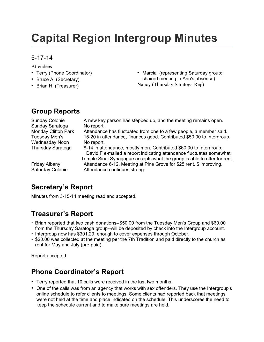 Capital Region Intergroup Minutes
