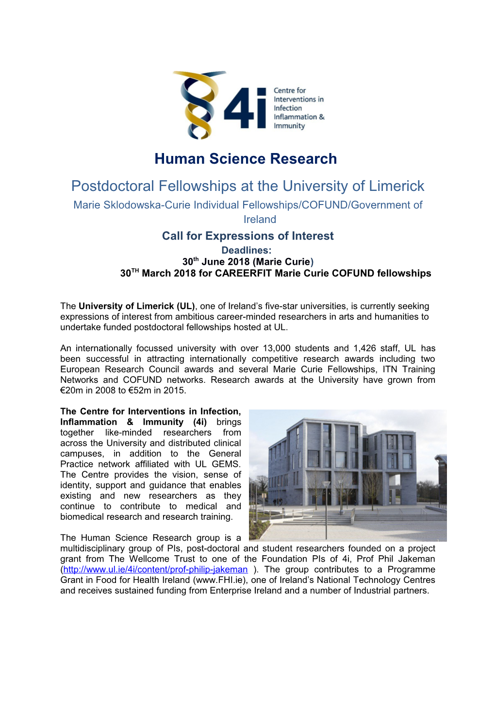 Postdoctoral Fellowships at the University of Limerick