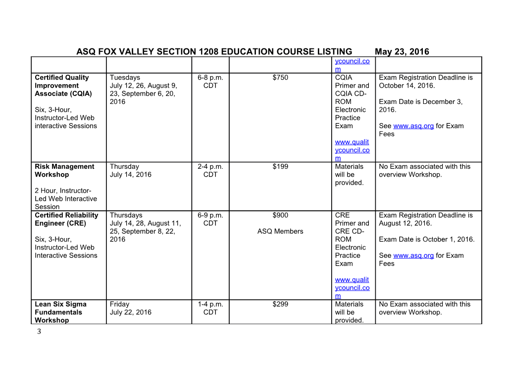ASQ FOX VALLEY SECTION 1208 EDUCATION COURSE Listingmay 23, 2016
