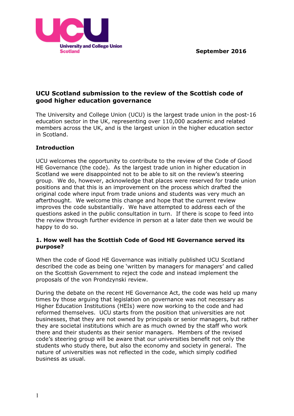 UCU Scotland Submission to the Review of the Scottish Code of Good Higher Education Governance