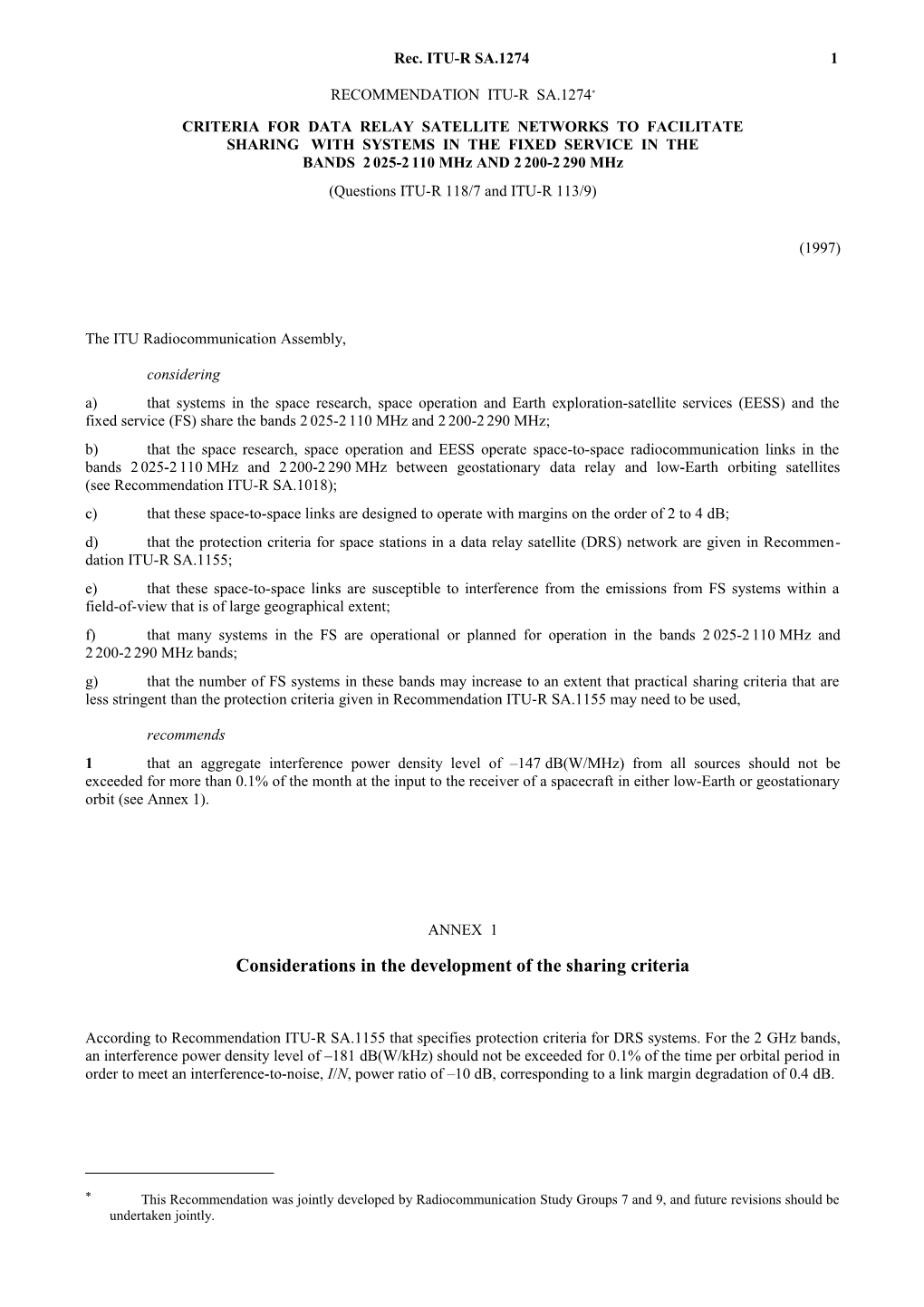 SA.1274 - Criteria for Data Relay Satellite Networks to Facilitate Sharing with Systems