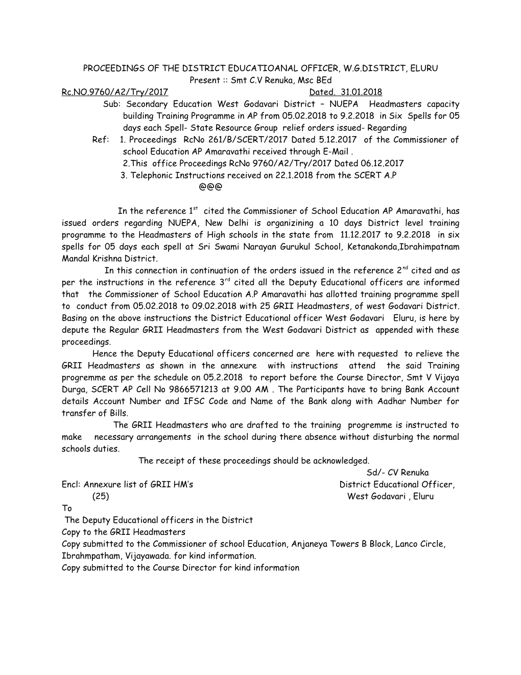 Proceedings of the District Educatioanal Officer, W.G.DISTRICT, Eluru