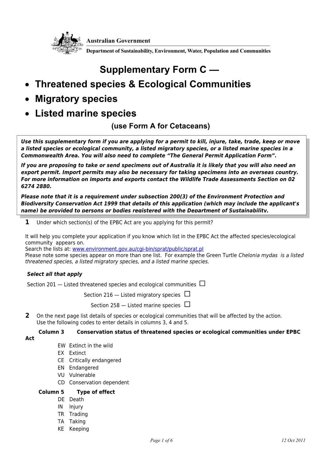 Supplementary Form C - Protected Species Permit Application