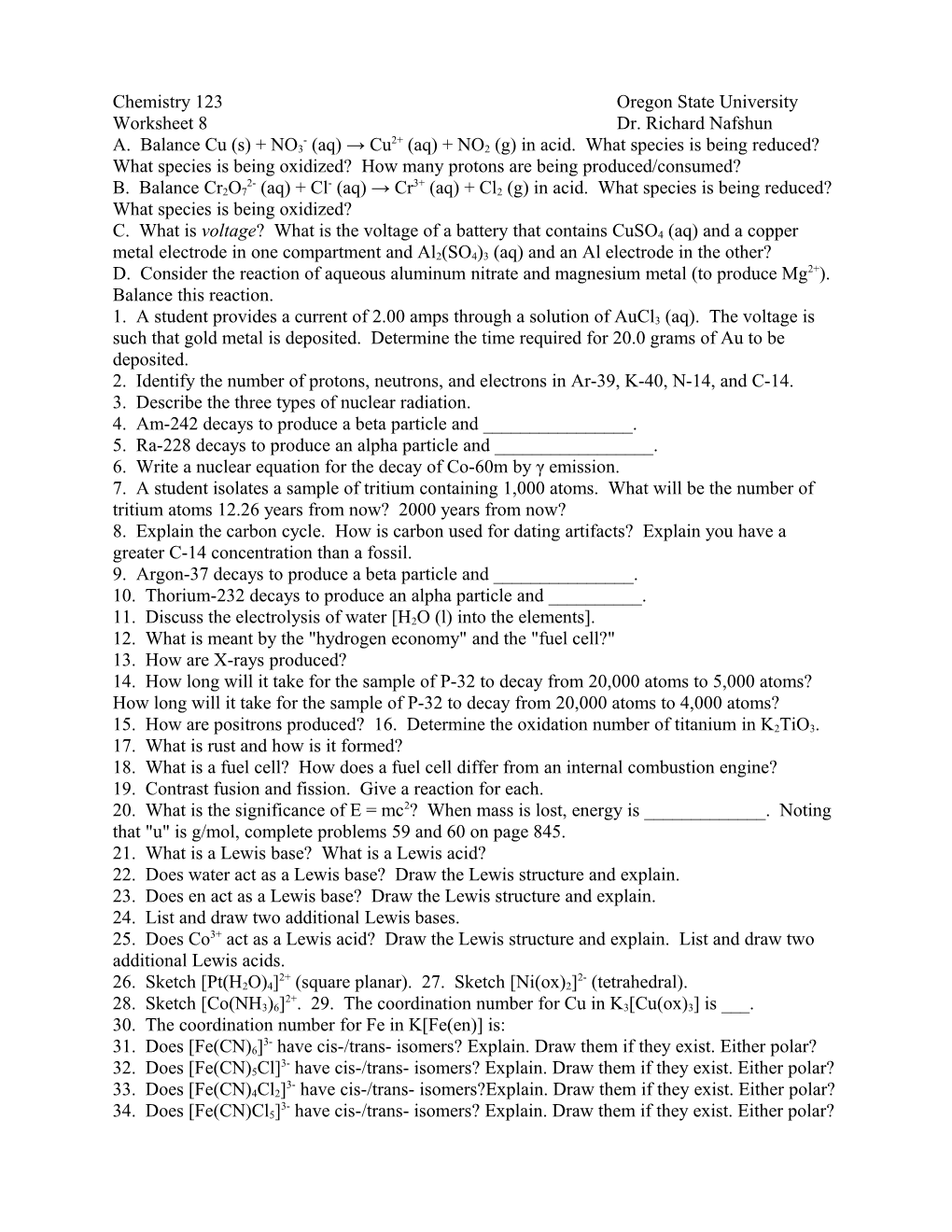 Worksheet 8Dr. Richard Nafshun