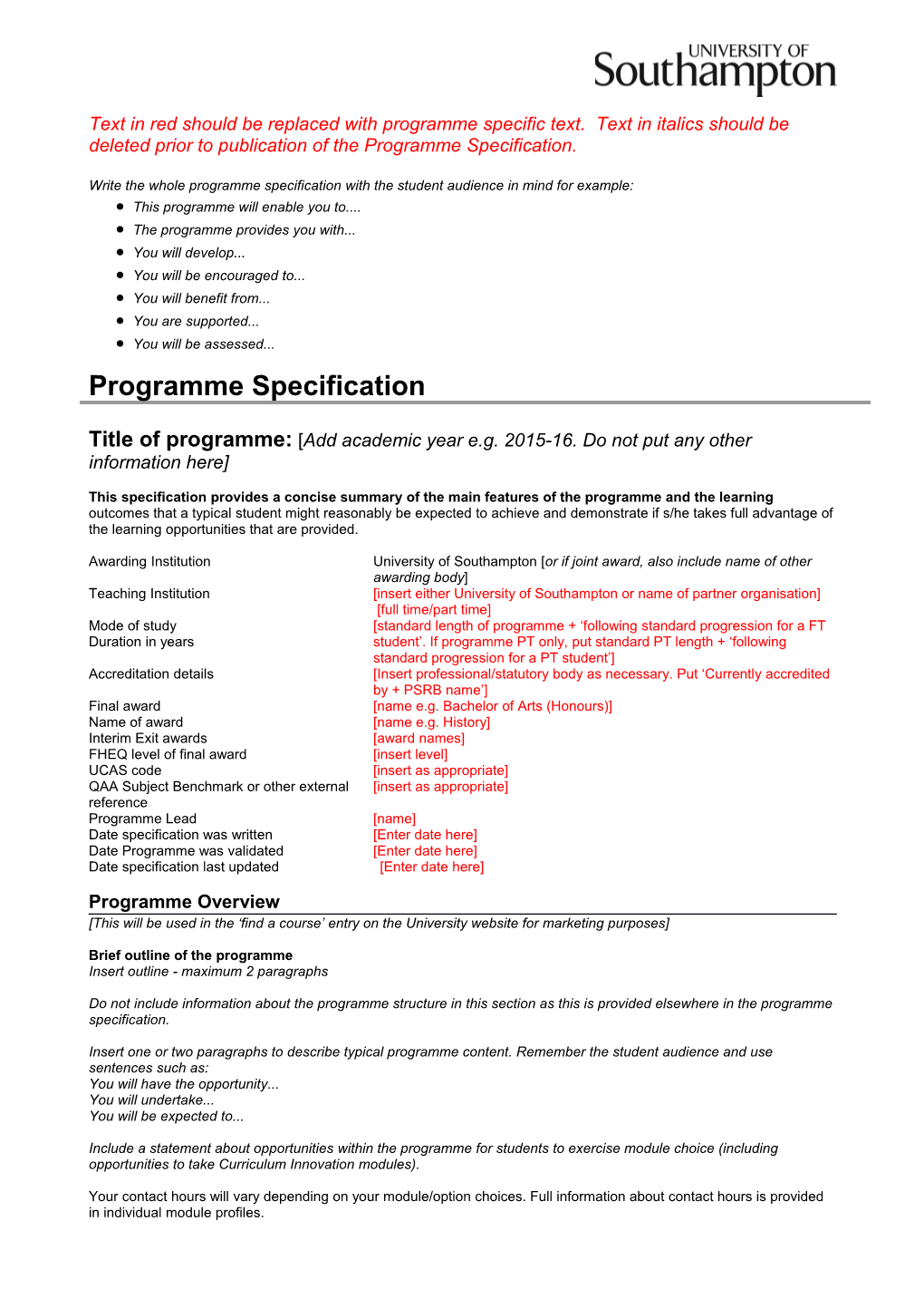 Write the Whole Programme Specification with the Student Audience in Mind for Example