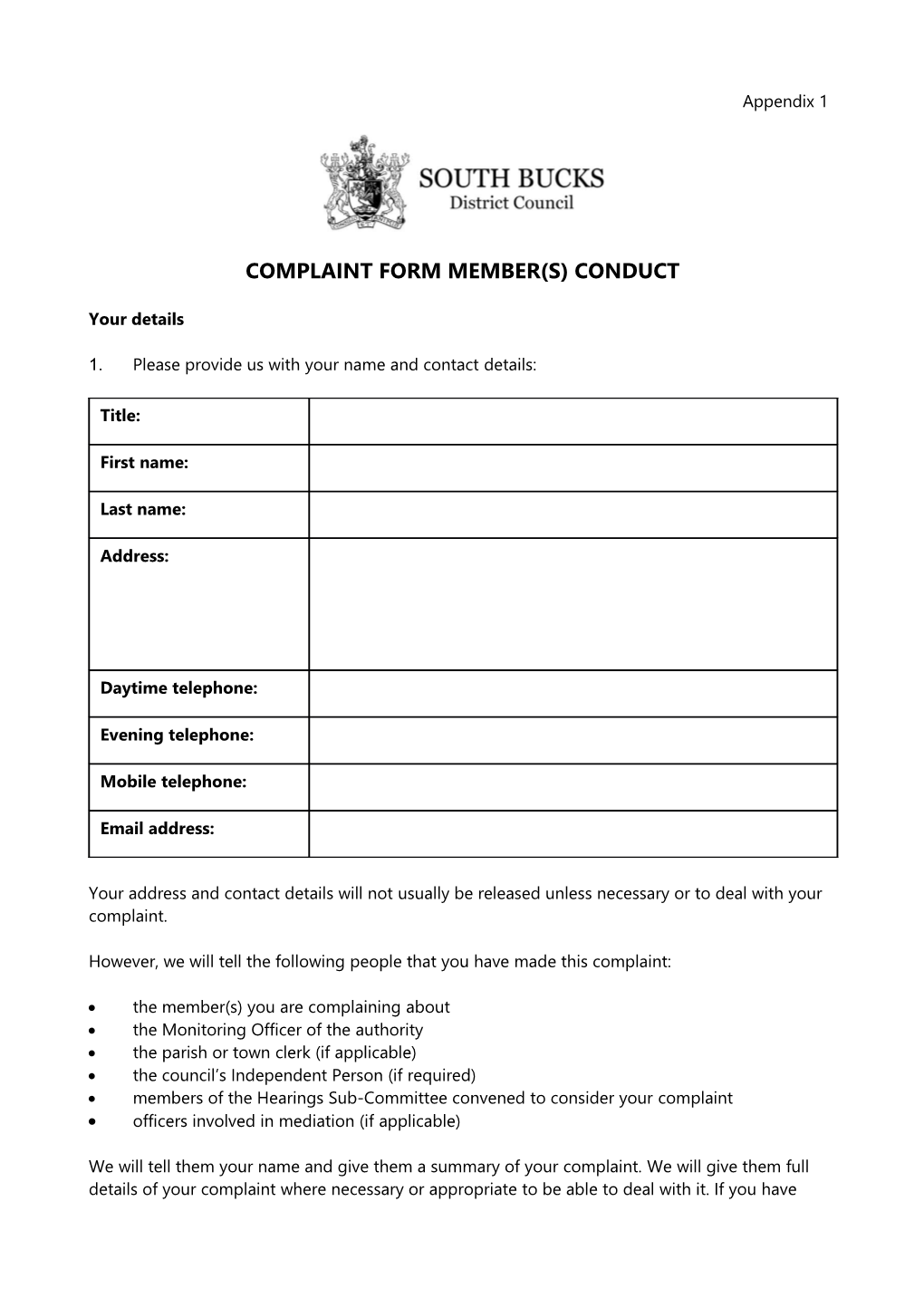 Complaint Form Member(S) Conduct
