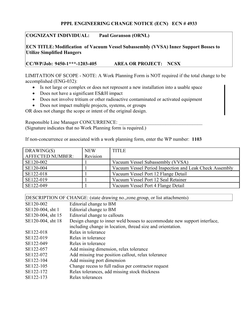 Pppl Engineering Change Notice (Ecn) Ecn # 4933