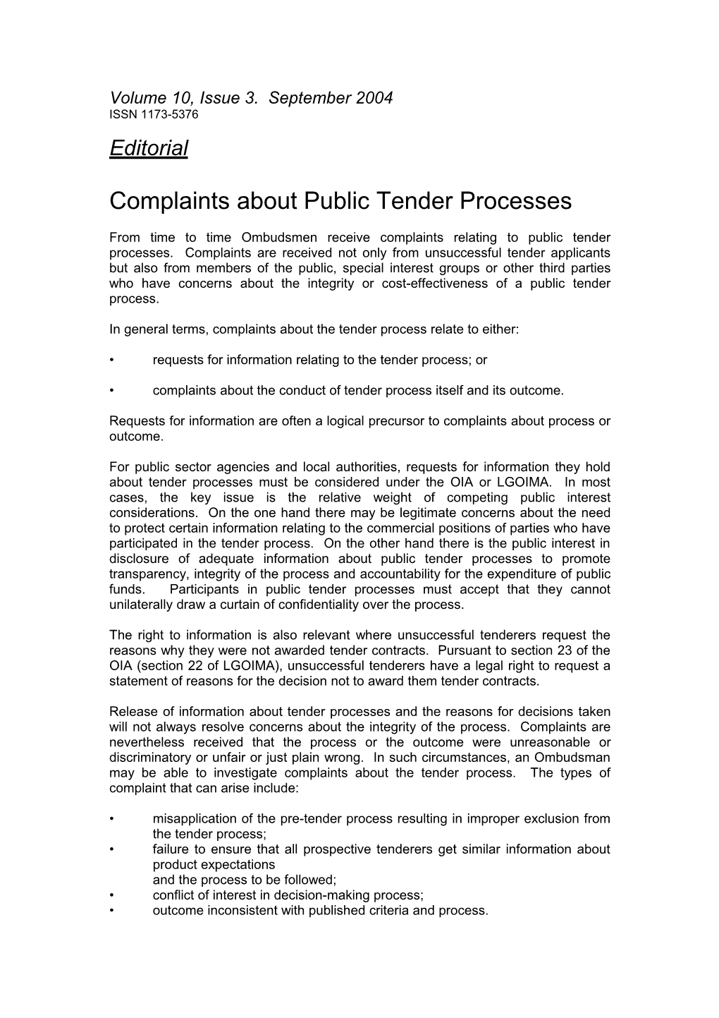 Complaints About Public Tender Processes