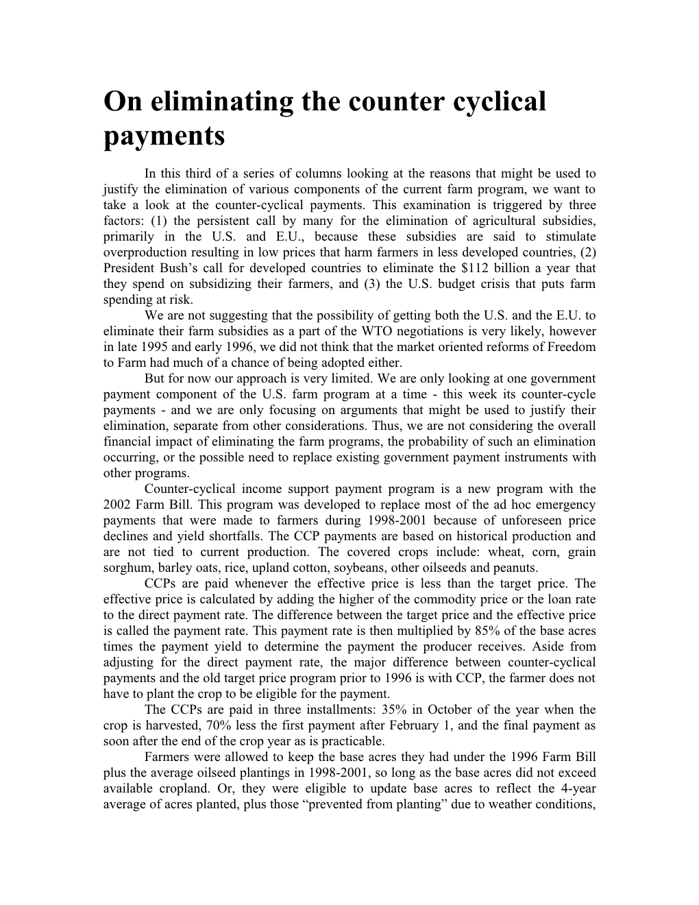 On Eliminating the Counter Cyclical Payments