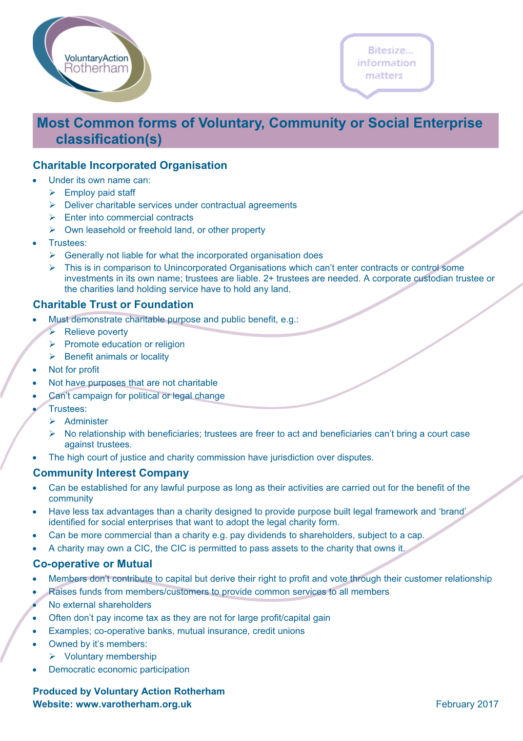 Most Common Forms of Voluntary, Community Or Social Enterprise Classification(S)
